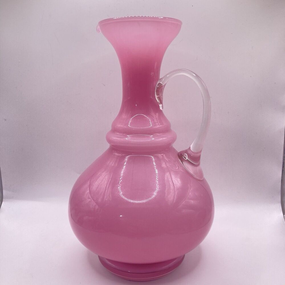 Vtg Empoli Glass/Crystal Pink Opaline Pitcher W/Clear Applied Handle 1960s 10”